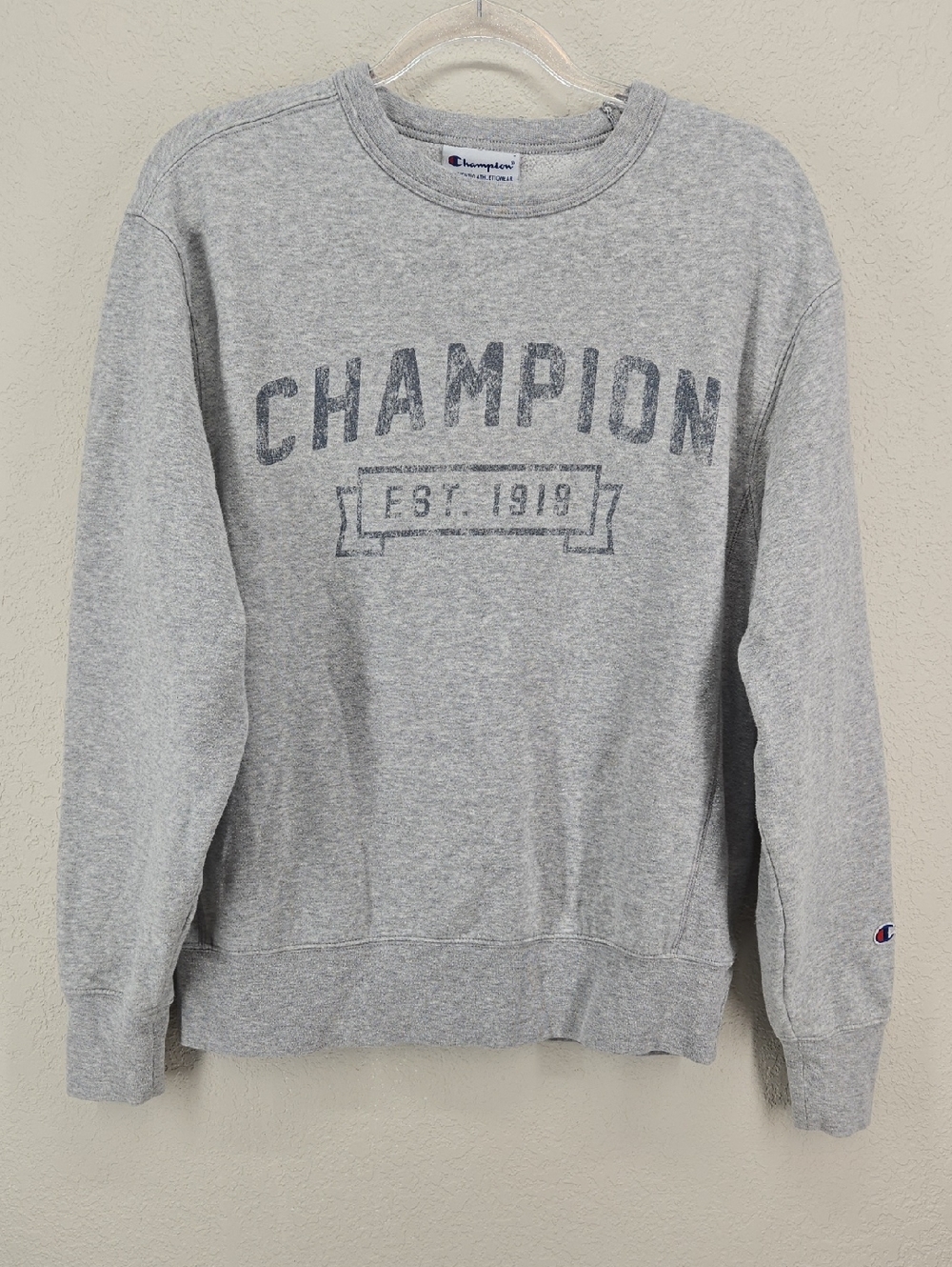 Champion Light Gray Crewneck Sweatshirt with Distressed Logo